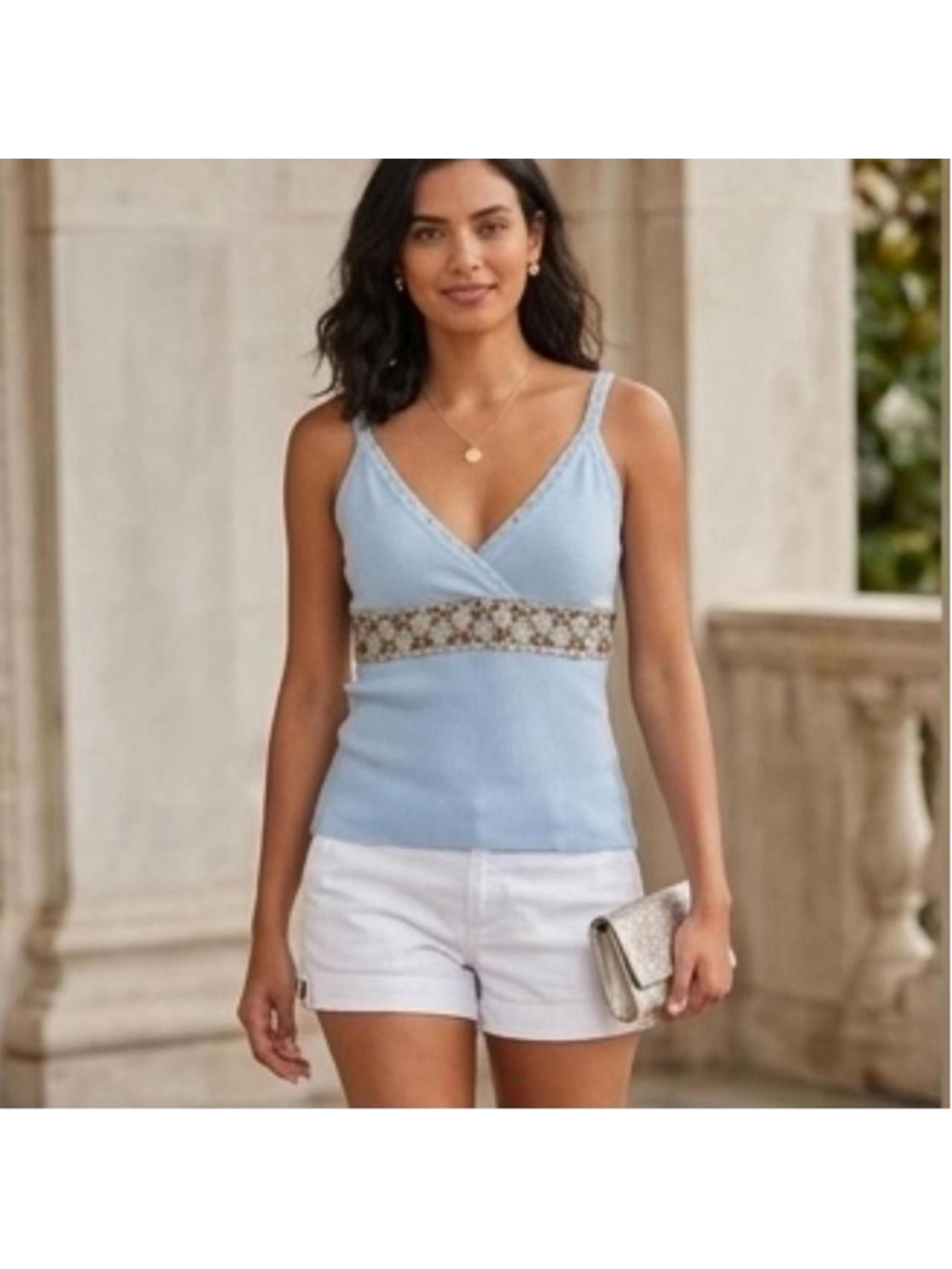 Blue embellished cashmere top